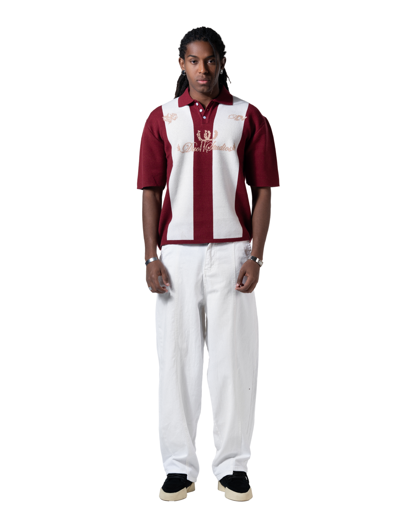 knitted striped red polo