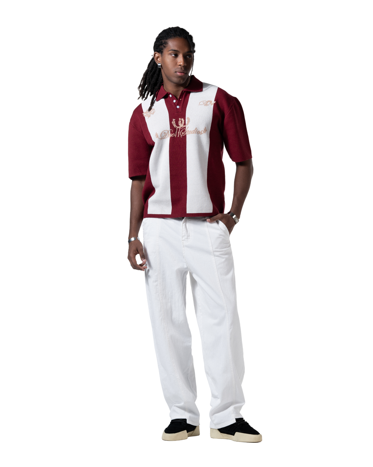 knitted striped red polo