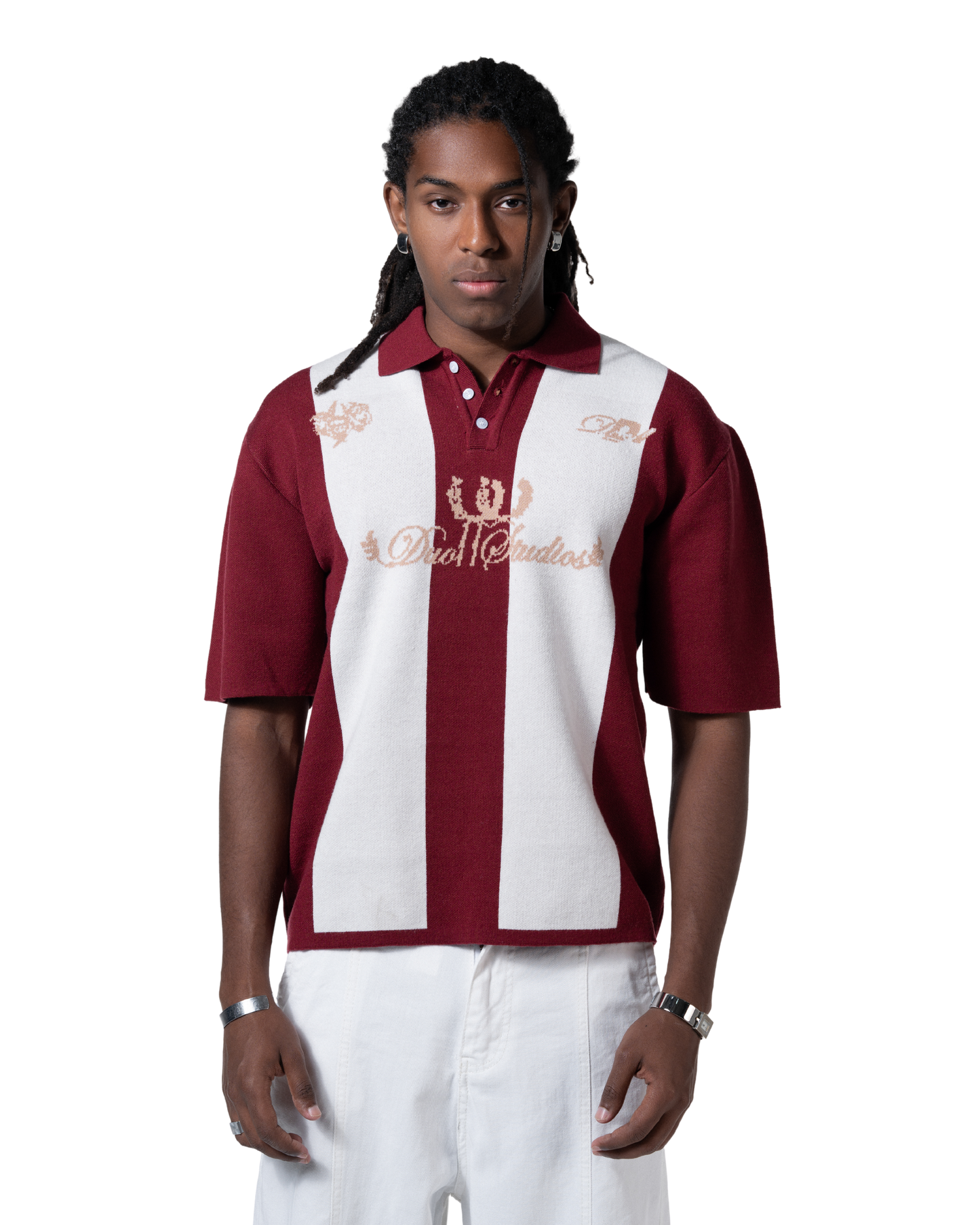 knitted striped red polo
