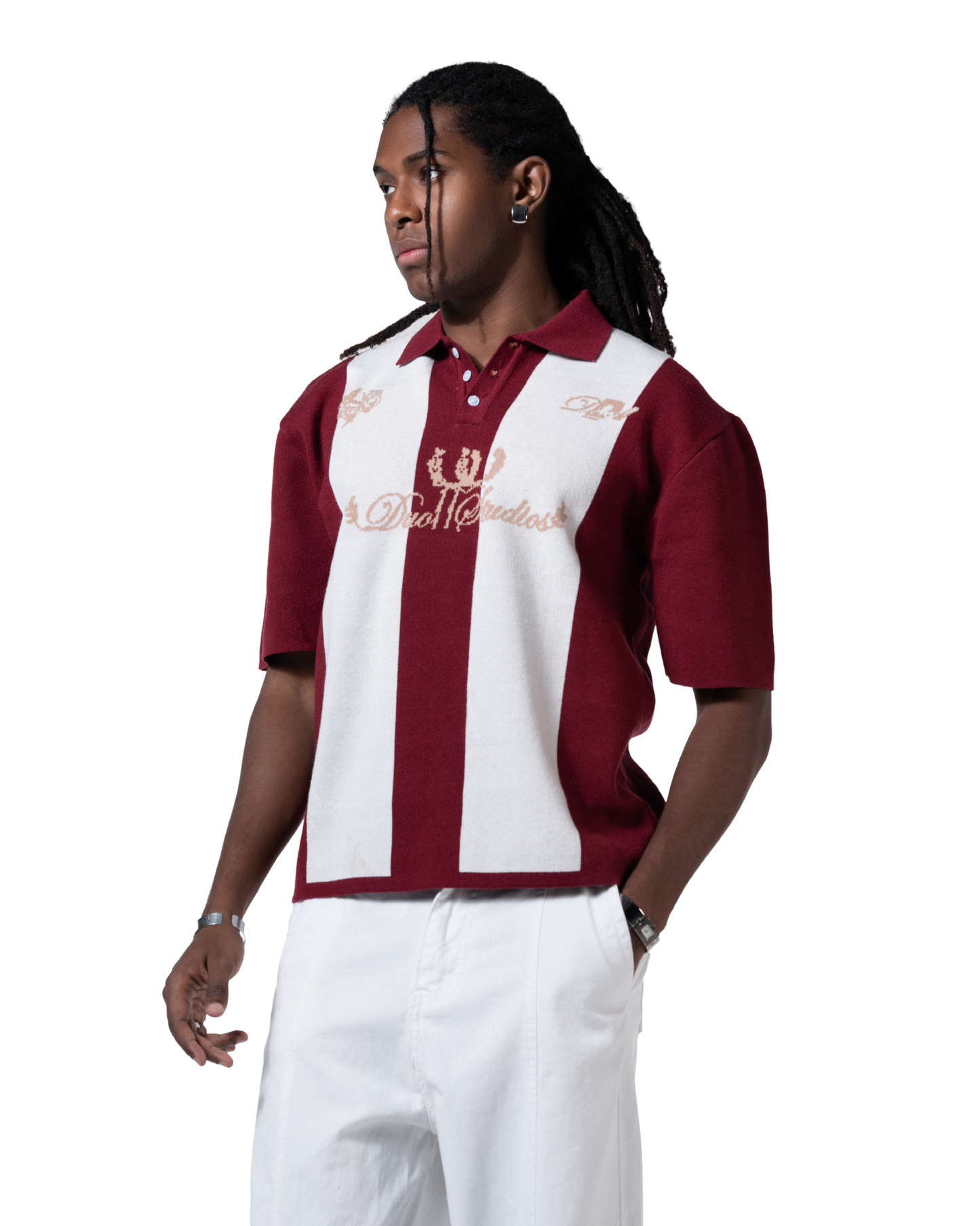 knitted striped red polo