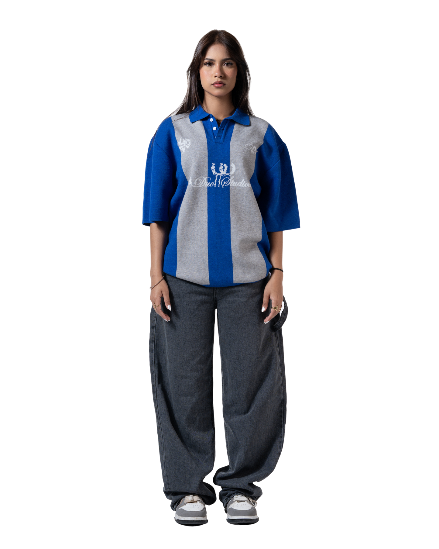 duo knitted polo blue striped