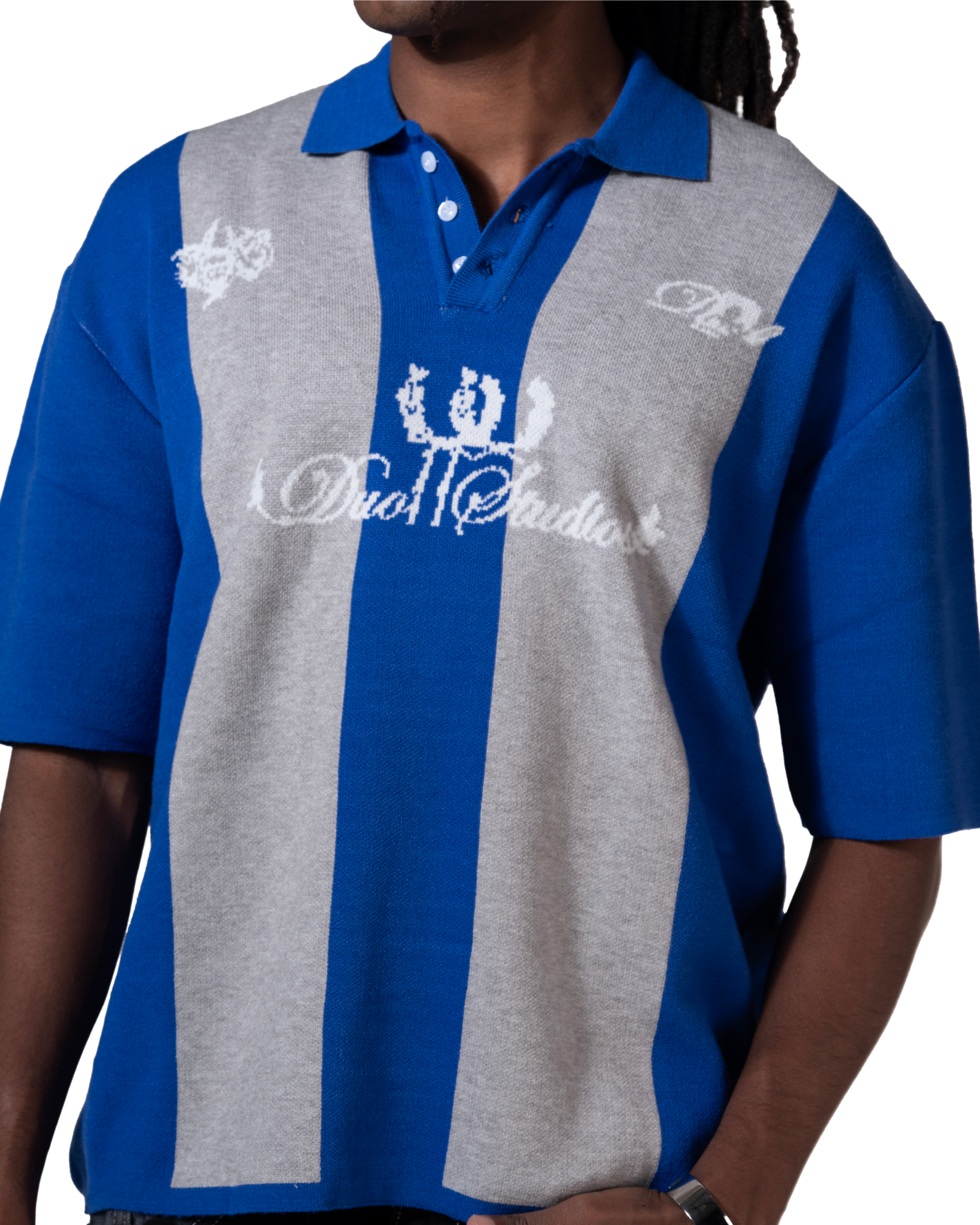 knitted striped polo blue striped