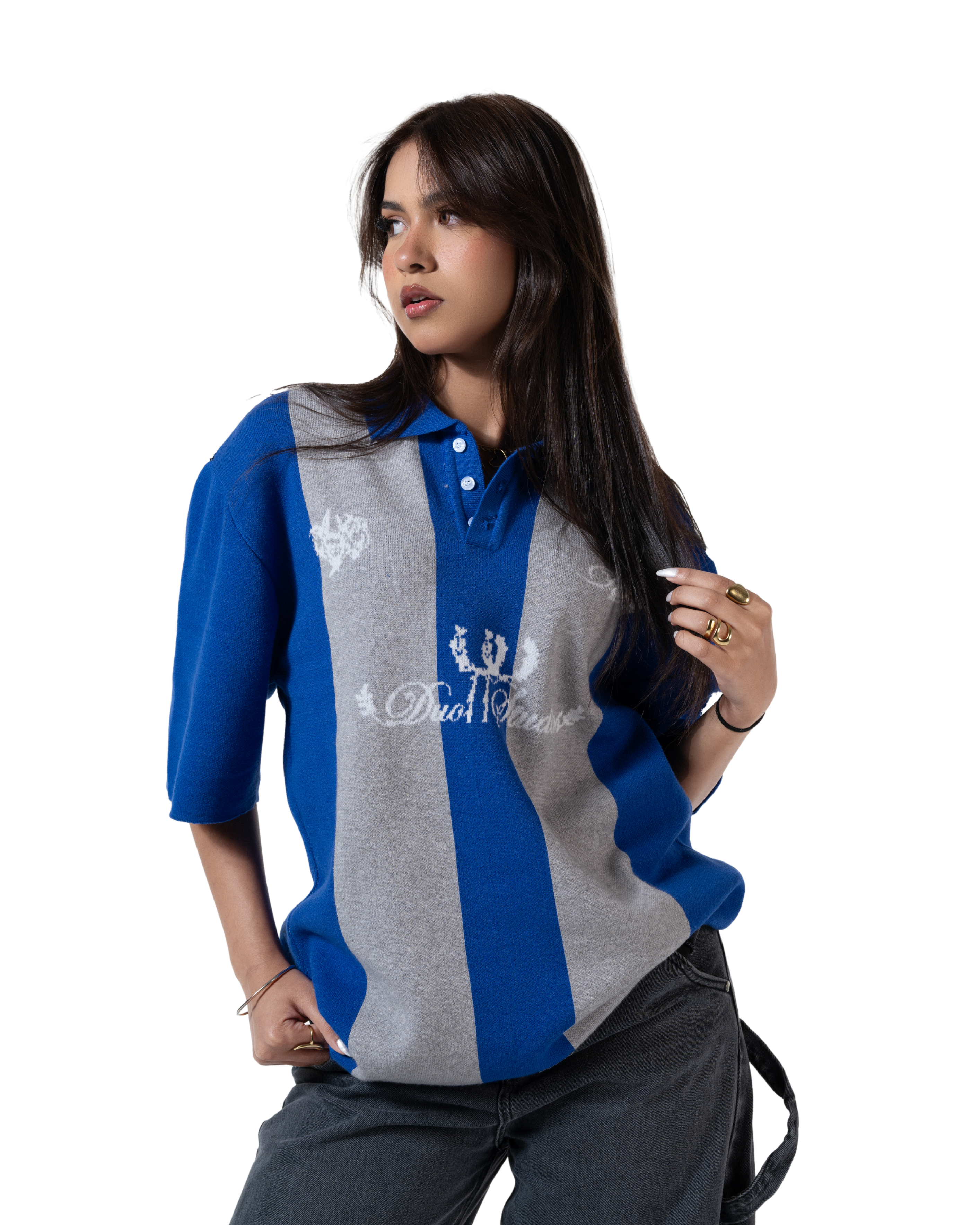 duo knitted polo blue striped