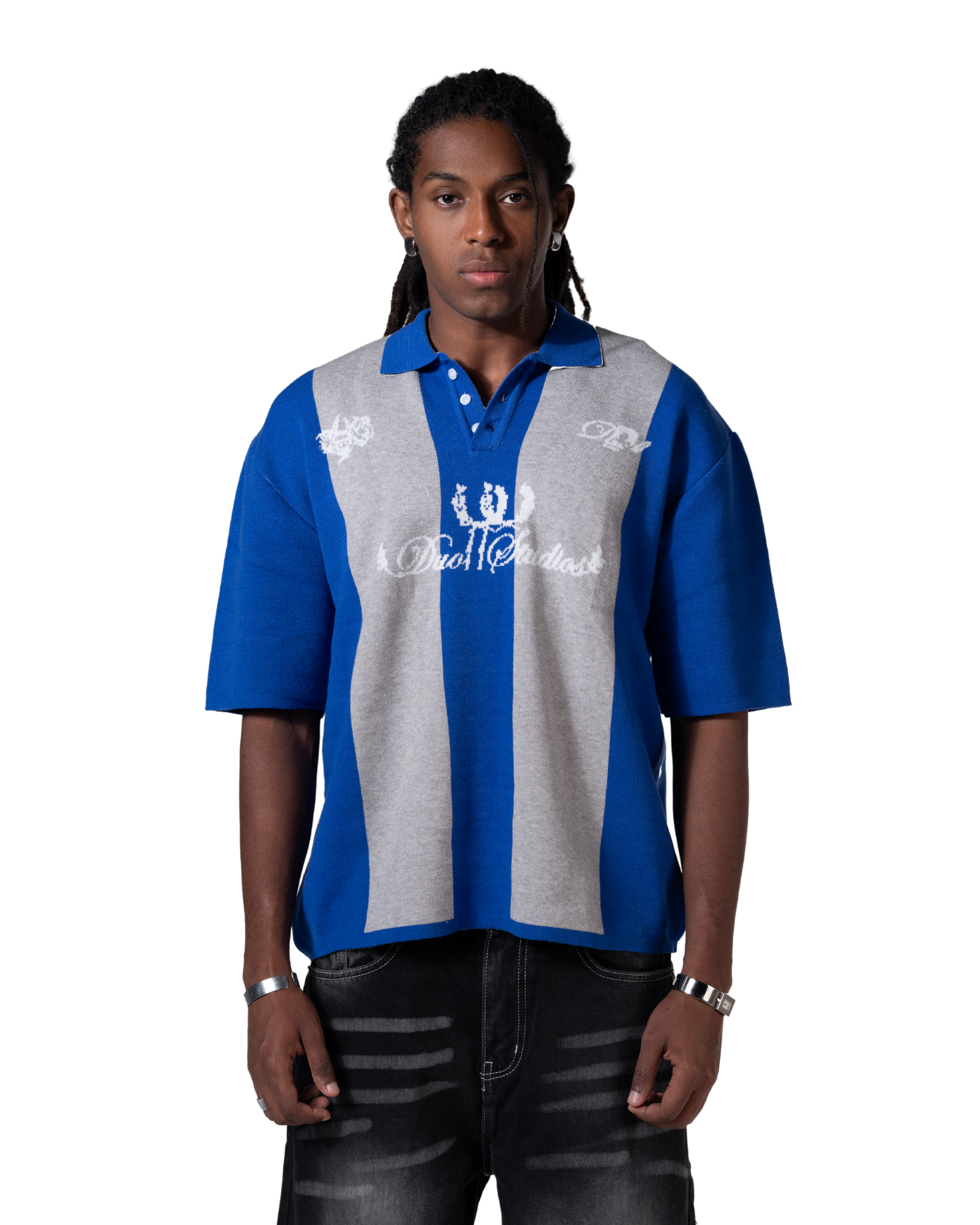 knitted striped polo blue striped
